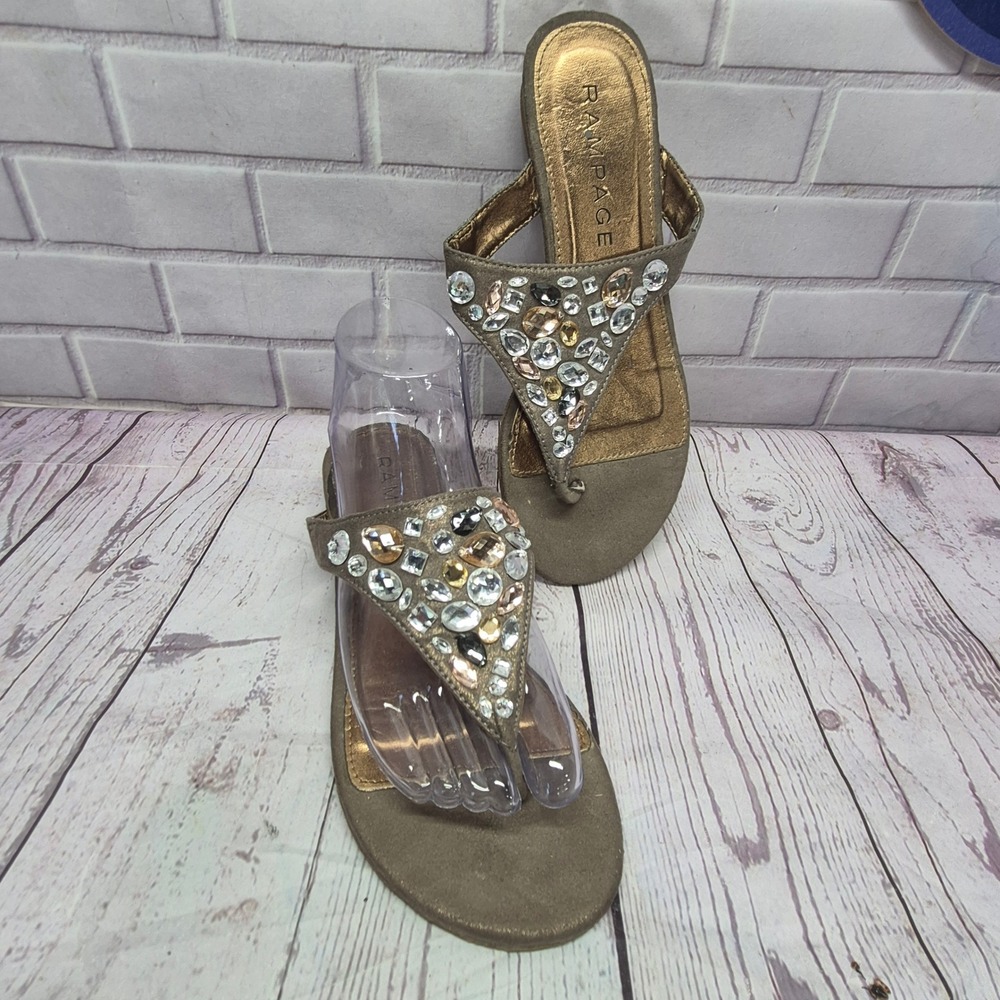 Rampage Womens Taupe Rhinestone Embellished Thong Wedge Sandals Size 8.5